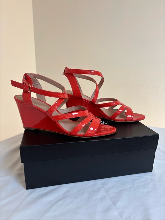 J. Crew Shoes - J. Crew Patent Leather Strappy Wedge Sandals in Blood Orange - Women’s Size 8.5M